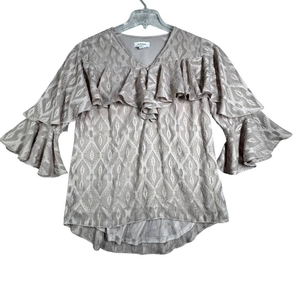Haute Hippie Blouse Ruffle Bell Sleeve V Neck Patterned Top Gray Boho Womens‎ XS
